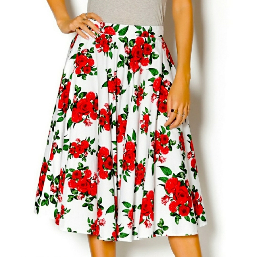 Hell Bunny Retro White Red Rose Cannes Full Circle Skirt Pinup Rockabilly Size S